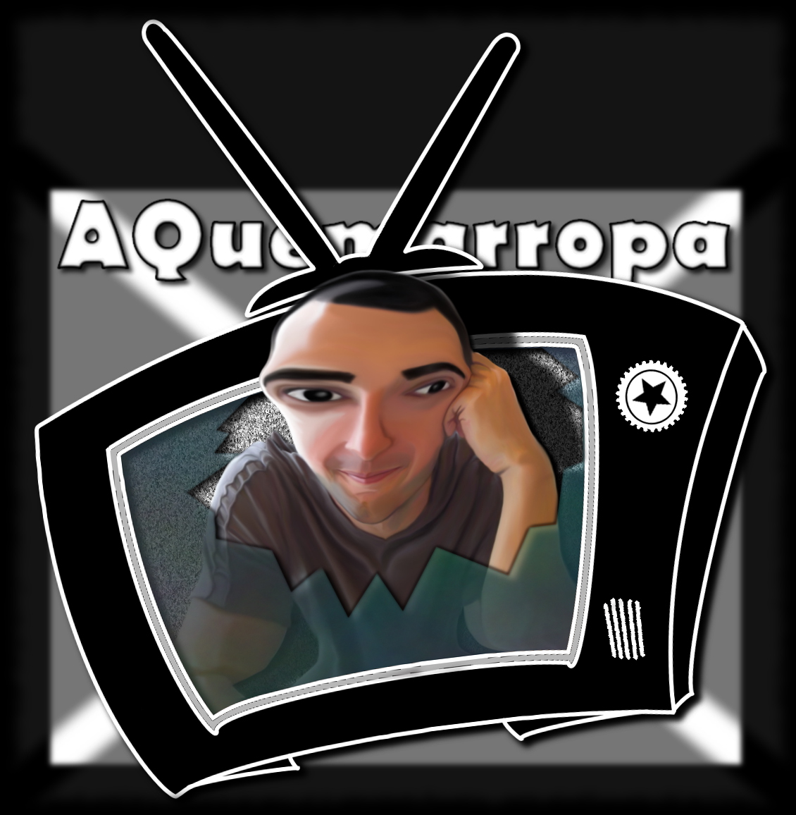 Dibujo grande de una televisión de la que sale el reportero Izzy caricaturizado