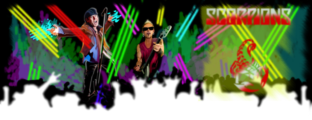 Dibujo caricatura de Rudolf Schenker y Klaus Meine en el escenario