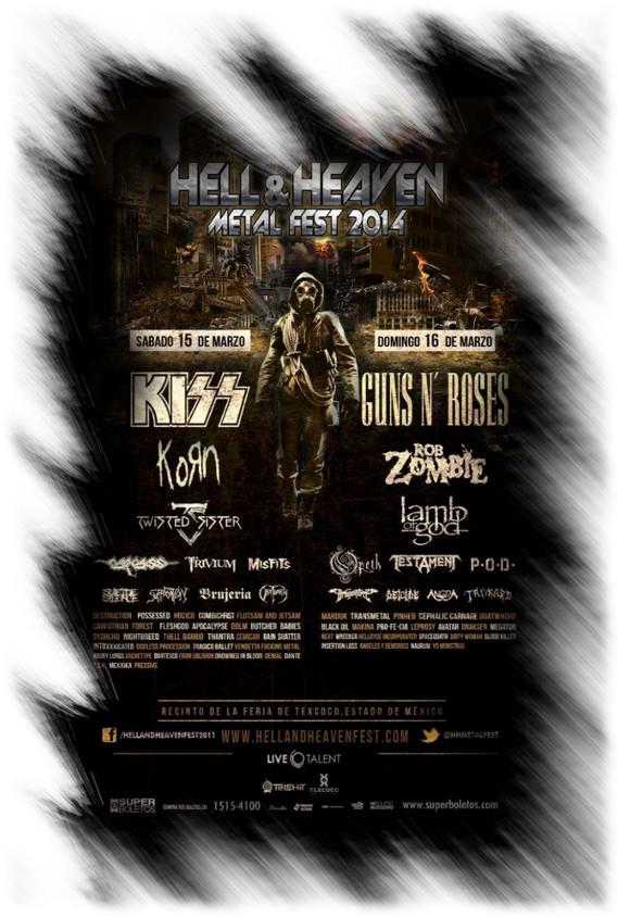 Cartel del festival de rock duro Hell and Heaven Conciertos en Mexico en 2014 de Kiss, Guns N' Roses, Korn y muchos otros
