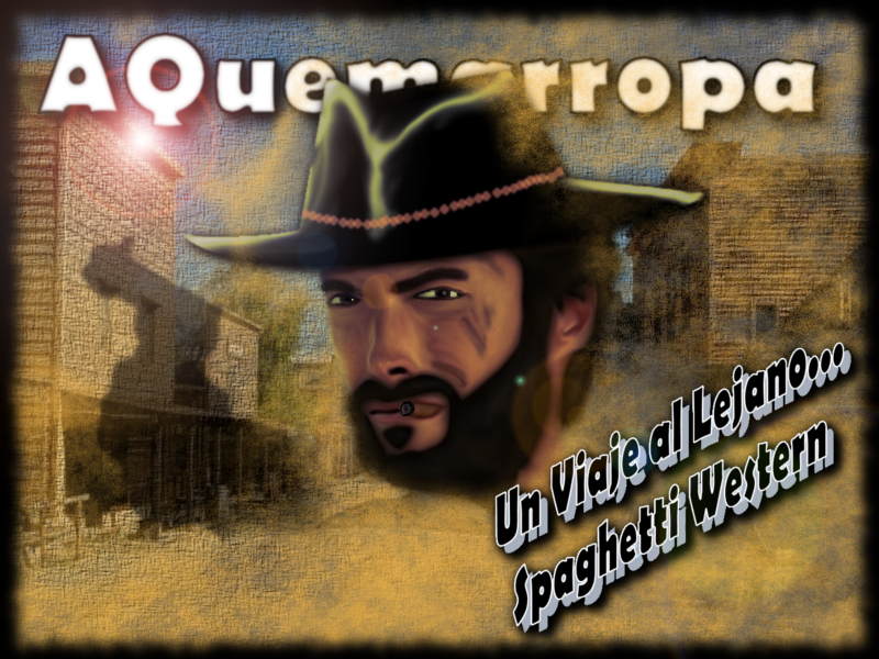 Caricatura de Clint con fondo de un pueblo del lejano oeste