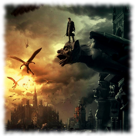 Cartel de I, Frankenstein. Adam sobre la estatua de una gárgola