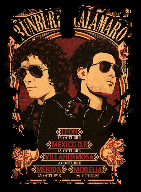 Calamaro y Bunbury - Fechas Conciertos Cartel con caricaturas de Calamaro y Bunbury
