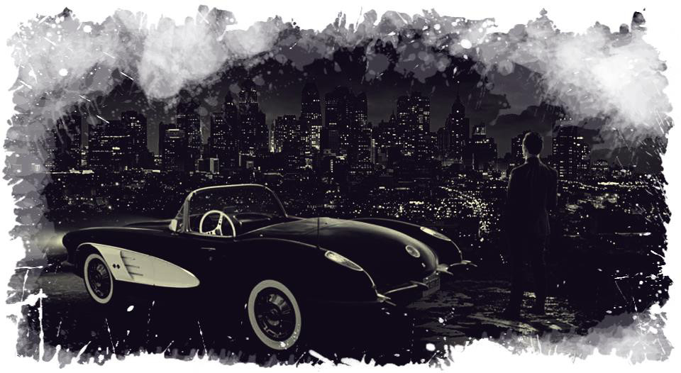 Imagen de Joseph Gordon Levitt de espaldas con un Jaguar y a los pies de Sin City